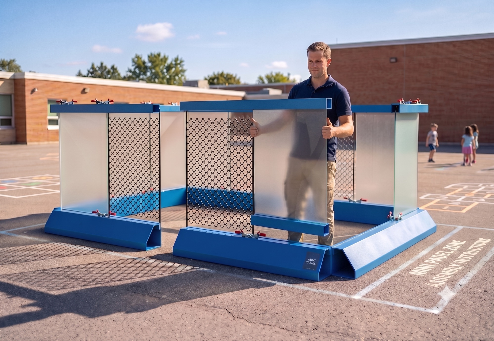 One person assembling the Mini Pádel court alone in a schoolyard, with children playing in the background.