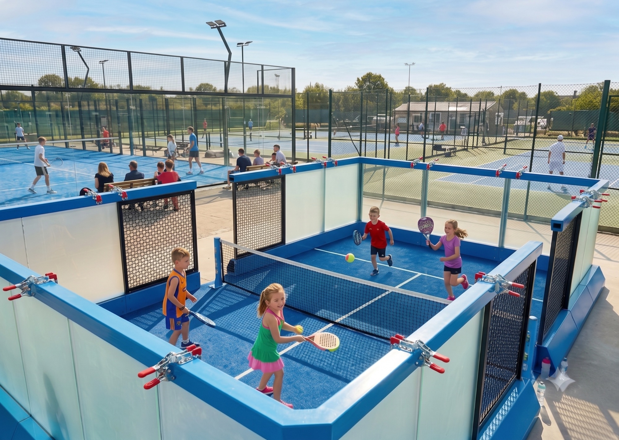 Children playing padel on the Mini Pádel court at a real club, other courts and spectators visible behind.